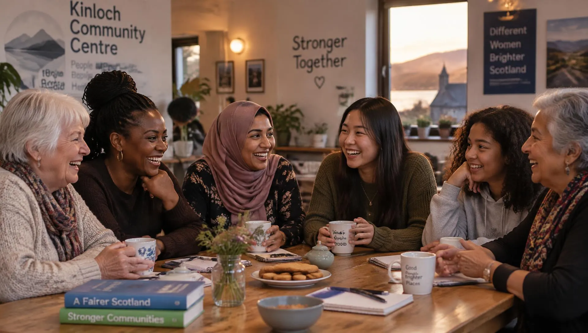 Women of different backgrounds and ages sharing tea and conversation at a community session