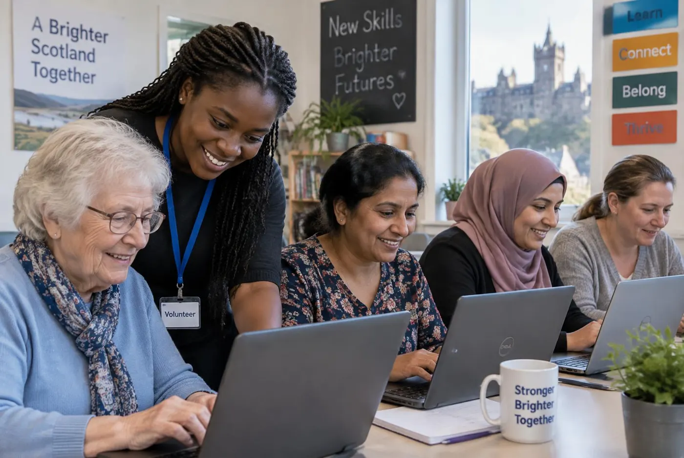 Women of all ages learning digital skills together with a volunteer