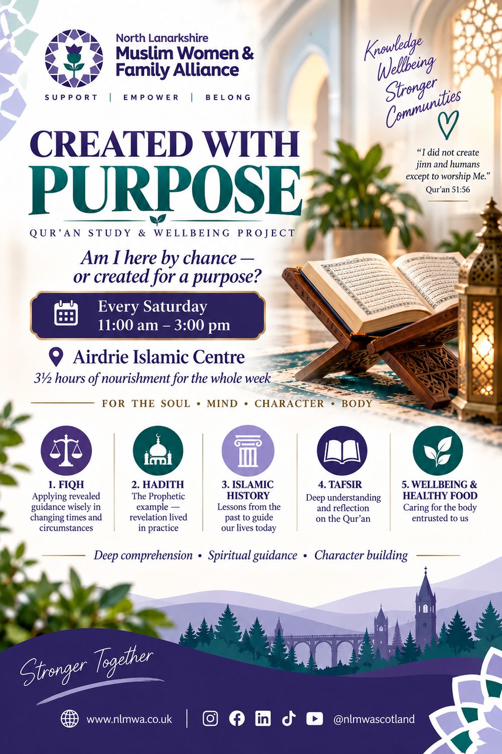 Created with Purpose flyer: Qur’an study and wellbeing project every Saturday, 11am to 3pm, Airdrie Islamic Centre