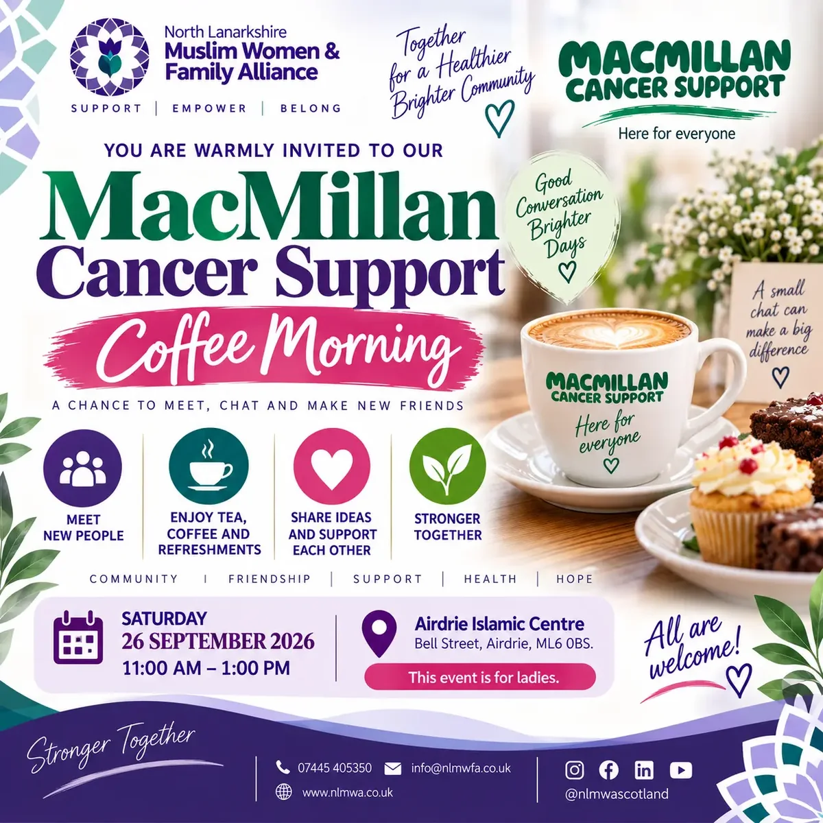 NLMWA Macmillan Cancer Support Coffee Morning on Saturday 26 September 2026, 11am to 1pm at Airdrie Islamic Centre