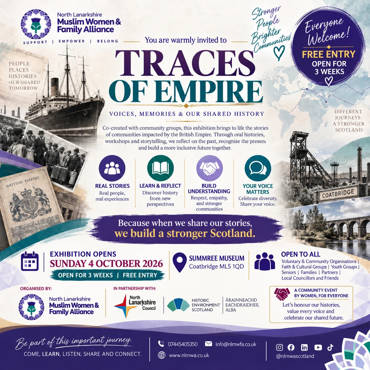 Traces of Empire exhibition flyer: Sunday 4 October 2026, free entry for three weeks at Summerlee Museum, Coatbridge